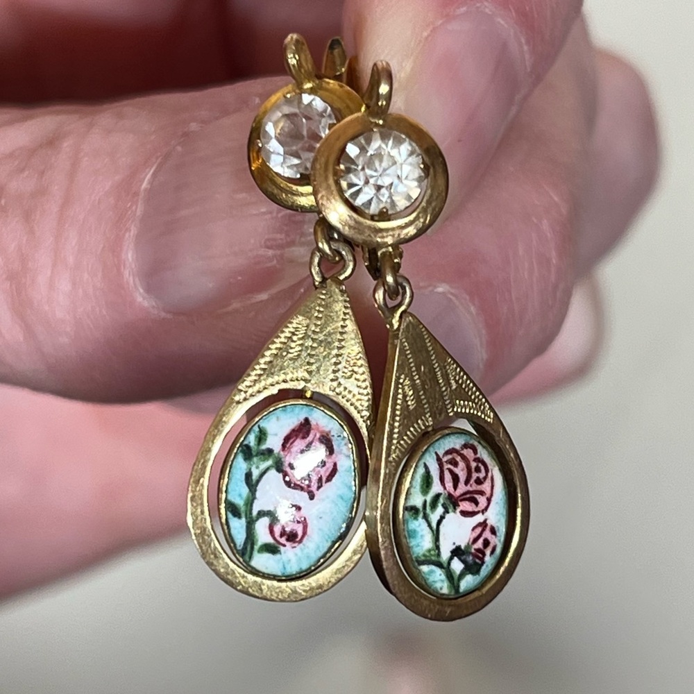 Antique Victorian gold Fill Art Nouveau Hand Painted Flowers Dangle Earring - Picture 9 of 13